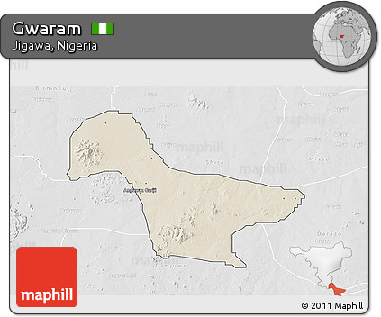 Shaded Relief 3D Map of Gwaram, lighten, desaturated