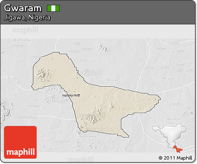Shaded Relief 3D Map of Gwaram, lighten, desaturated