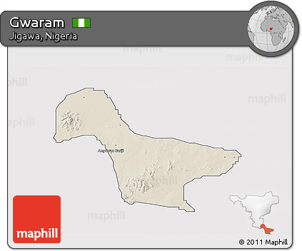 Shaded Relief 3D Map of Gwaram, single color outside
