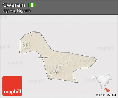 Shaded Relief 3D Map of Gwaram, single color outside