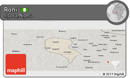 Shaded Relief Panoramic Map of Roni, semi-desaturated