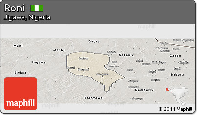 Shaded Relief Panoramic Map of Roni, semi-desaturated