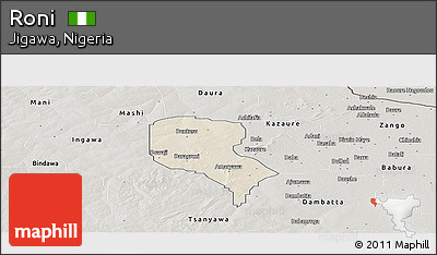 Shaded Relief Panoramic Map of Roni, semi-desaturated