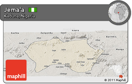 Shaded Relief Panoramic Map of Jema'a, semi-desaturated