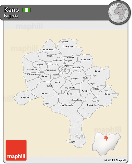 Classic Style 3D Map of Kano, single color outside