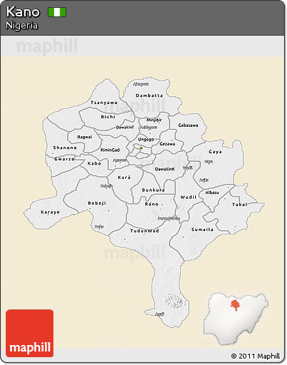 Classic Style 3D Map of Kano, single color outside
