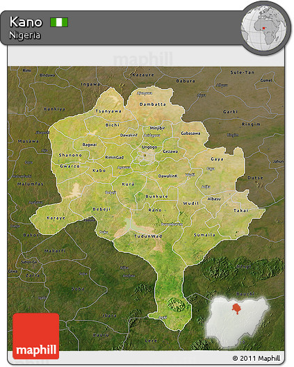 Satellite 3D Map of Kano, darken