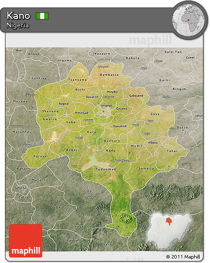 Satellite 3D Map of Kano, semi-desaturated