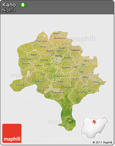 Satellite 3D Map of Kano, single color outside