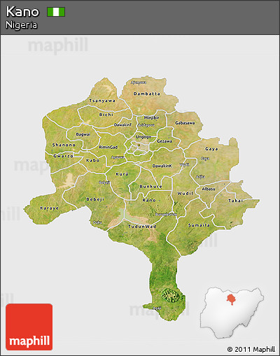 Satellite 3D Map of Kano, single color outside