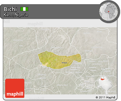 Satellite 3D Map of Bichi, lighten, semi-desaturated