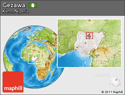 Physical Location Map of Gezawa, highlighted country, highlighted parent region, within the entire country