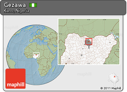 Savanna Style Location Map of Gezawa, highlighted country, highlighted parent region, hill shading