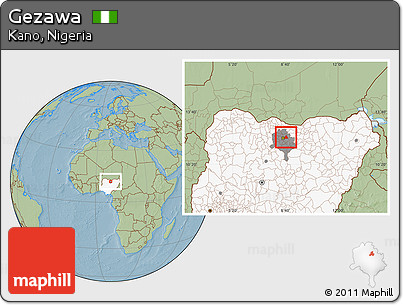 Savanna Style Location Map of Gezawa, highlighted country, highlighted parent region, hill shading