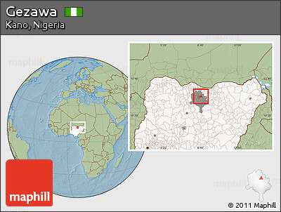 Savanna Style Location Map of Gezawa, highlighted country, highlighted parent region, hill shading