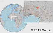 Gray Location Map of Gwarzo, within the entire country, hill shading