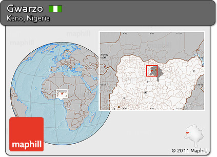 Gray Location Map of Gwarzo, highlighted country, highlighted parent region, hill shading