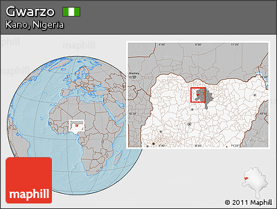 Gray Location Map of Gwarzo, highlighted country, highlighted parent region, hill shading