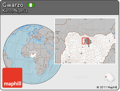Gray Location Map of Gwarzo, highlighted country, highlighted parent region, hill shading