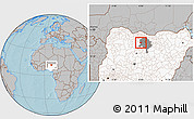 Gray Location Map of Gwarzo, highlighted country, highlighted parent region, hill shading