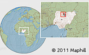 Savanna Style Location Map of Gwarzo, highlighted country, highlighted parent region, within the entire country, hill shading