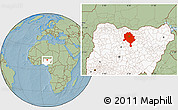 Savanna Style Location Map of Kano, highlighted country, hill shading