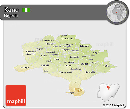 Physical Panoramic Map of Kano, single color outside