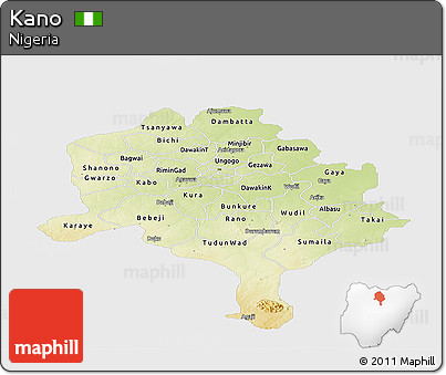 Physical Panoramic Map of Kano, single color outside