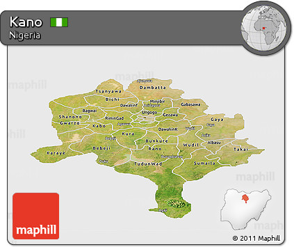 Satellite Panoramic Map of Kano, single color outside