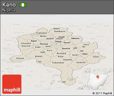 Shaded Relief Panoramic Map of Kano, lighten
