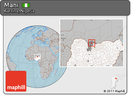 Gray Location Map of Mani, highlighted country, highlighted parent region, hill shading