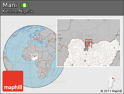 Gray Location Map of Mani, highlighted country, highlighted parent region, hill shading