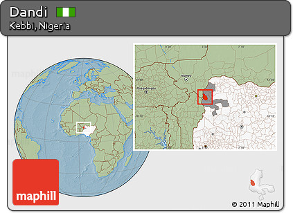 Savanna Style Location Map of Dandi, highlighted country, highlighted parent region, hill shading