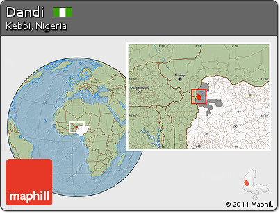 Savanna Style Location Map of Dandi, highlighted country, highlighted parent region, hill shading