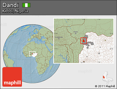 Savanna Style Location Map of Dandi, highlighted country, highlighted parent region, hill shading