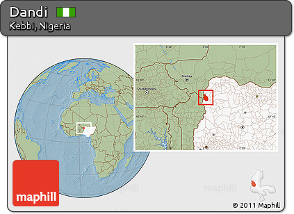 Savanna Style Location Map of Dandi, highlighted country, hill shading