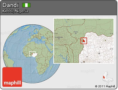 Savanna Style Location Map of Dandi, highlighted country, hill shading