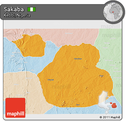 Political 3D Map of Sakaba, lighten