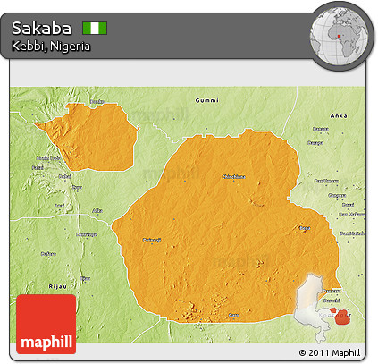 Political 3D Map of Sakaba, physical outside