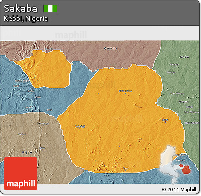 Political 3D Map of Sakaba, semi-desaturated