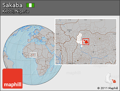 Gray Location Map of Sakaba, highlighted parent region, hill shading