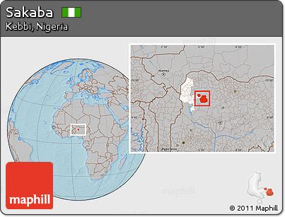 Gray Location Map of Sakaba, highlighted parent region, hill shading
