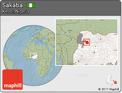 Savanna Style Location Map of Sakaba, highlighted country, highlighted parent region, hill shading