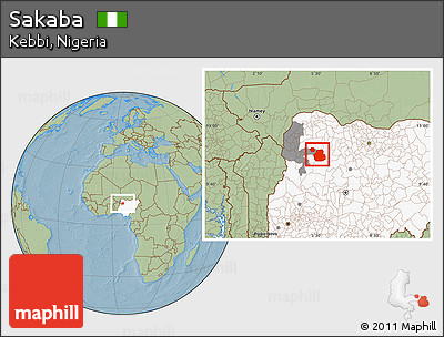 Savanna Style Location Map of Sakaba, highlighted country, highlighted parent region, hill shading