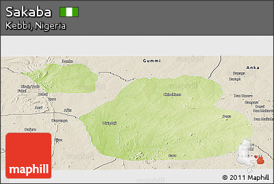 Physical Panoramic Map of Sakaba, shaded relief outside