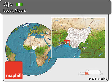 Satellite Location Map of Ojo, highlighted country, within the entire country