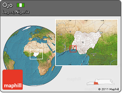 Satellite Location Map of Ojo, highlighted country, within the entire country