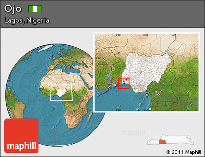 Satellite Location Map of Ojo, highlighted country, within the entire country