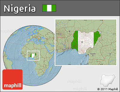 Flag Location Map of Nigeria, savanna style outside, hill shading outside