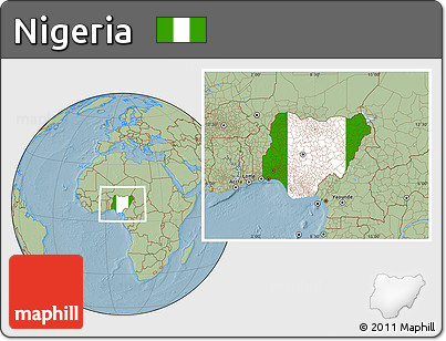 Flag Location Map of Nigeria, savanna style outside, hill shading outside